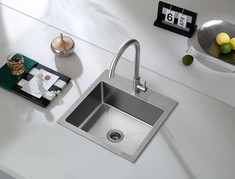MENATT 15x15 inch Drop-in Bar Sink with 1 Faucet Hole, T-304 Stainless Steel Handmade Single Bowl Kitchen Rv Sink with 2" Drain Hole, Brushed - Image 2